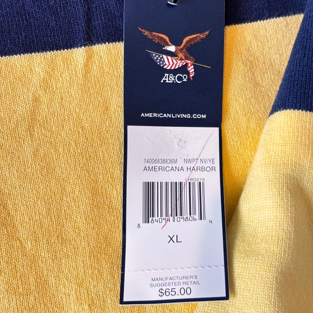 American Living Mens XL Rugby Shirt Cotton Navy Yellow Striped Eagle Flag NWT - Picture 7 of 9